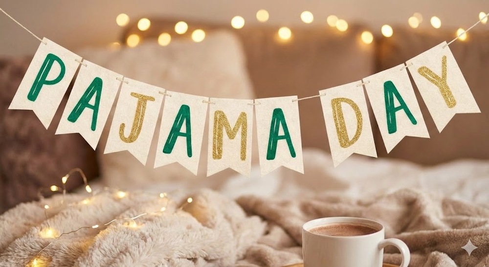 Banner saying Pajama day in green and gold
