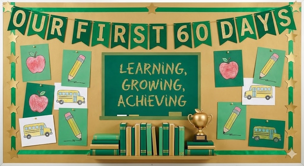 A school board in gold and green. with the words our first 60 days. A chalkboard says learning, growing, achieving
