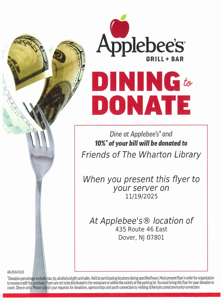 Dining to donate flyer, friends of the wharton library