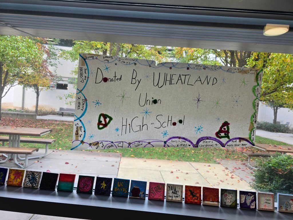 WUHS sign in window with art below