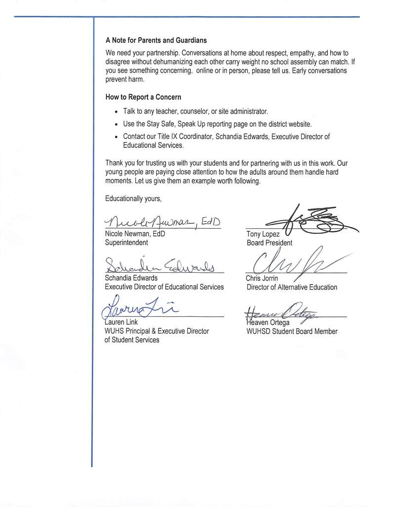 Letter from the Superintendent regarding udated Board Policy that strengthens that commitment: BP 5145.9- Hate-Motivated Behavior and Dehumanizing Language Page 2