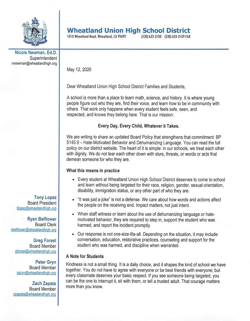 Letter from the Superintendent regarding udated Board Policy that strengthens that commitment: BP 5145.9- Hate-Motivated Behavior and Dehumanizing Language Page 1