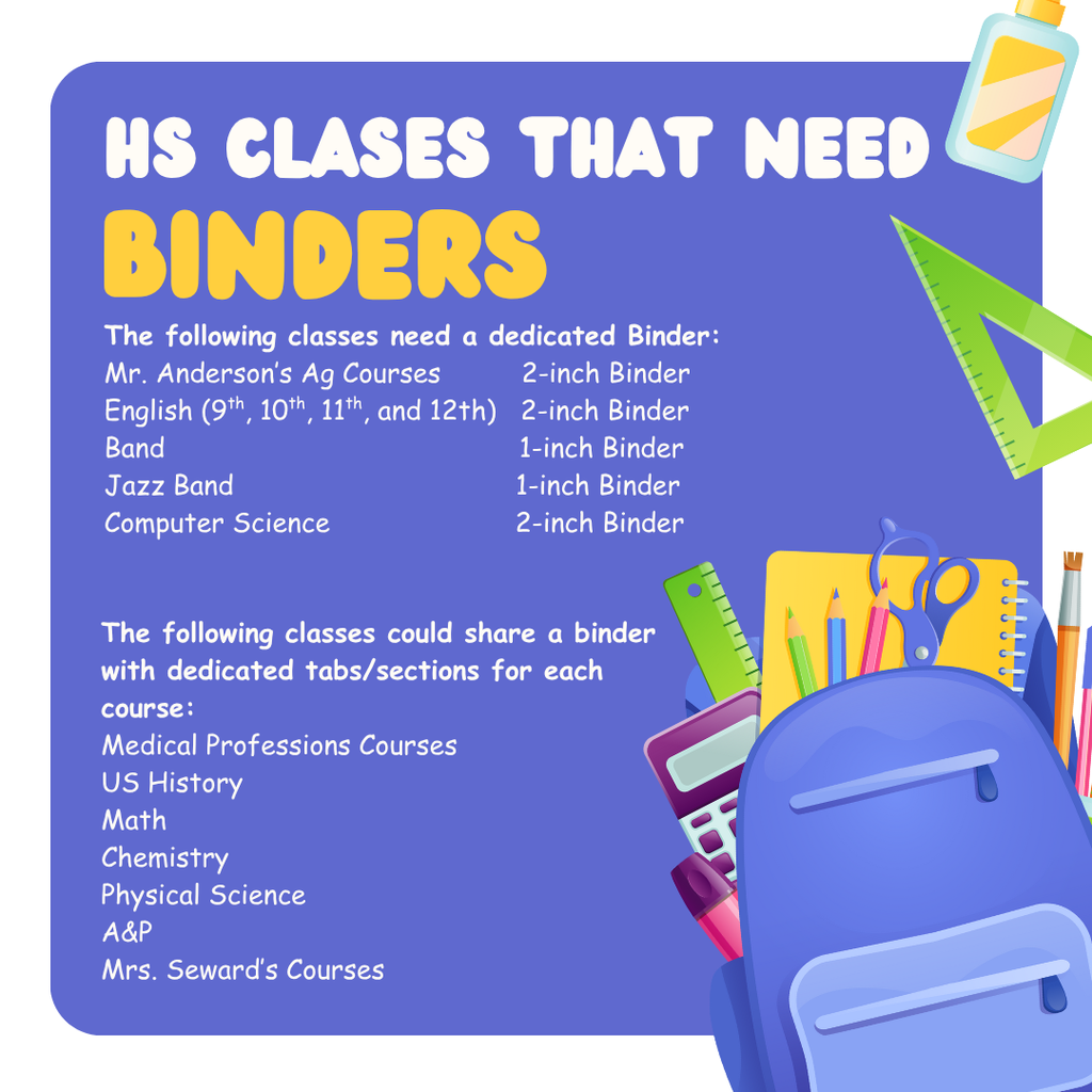 HS Classes Requiring Binders