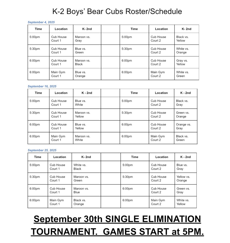Updated K-2 Bear Cubs Schedule