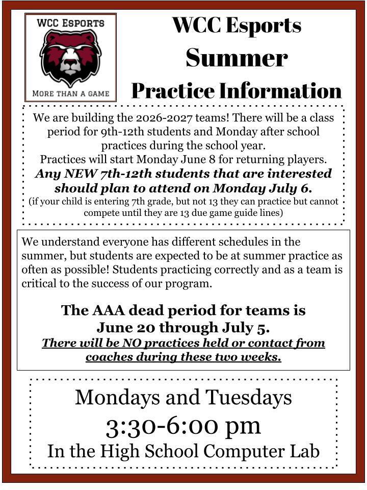 7th-12th Esports Summer Practice Information