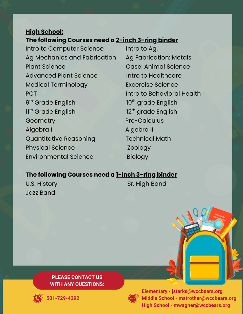 Courses needing 3-ring binders