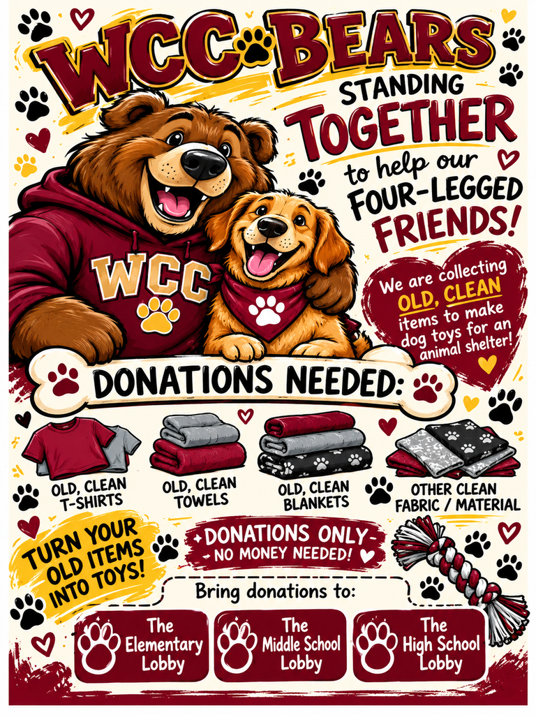 🐻🐾 Bear Necessities: Helping Paws, Caring Hearts! 🐾🐻  Our Bear Necessities After-School Program’s Community Service Enrichment is partnering with local humane societies to help animals in need! Through this partnership, students are learning about compassion, responsible pet care, and the difference they can make by serving their community. ❤️  We’re proud of our Bears for extending kindness to our furry friends! 🐶🐱  #BearNecessities #WCCBears #CommunityService #HelpingPaws