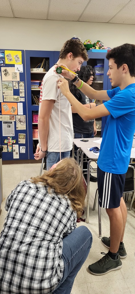 Mrs. Henslee's Anatomy class is measuring femurs and estimating heights.