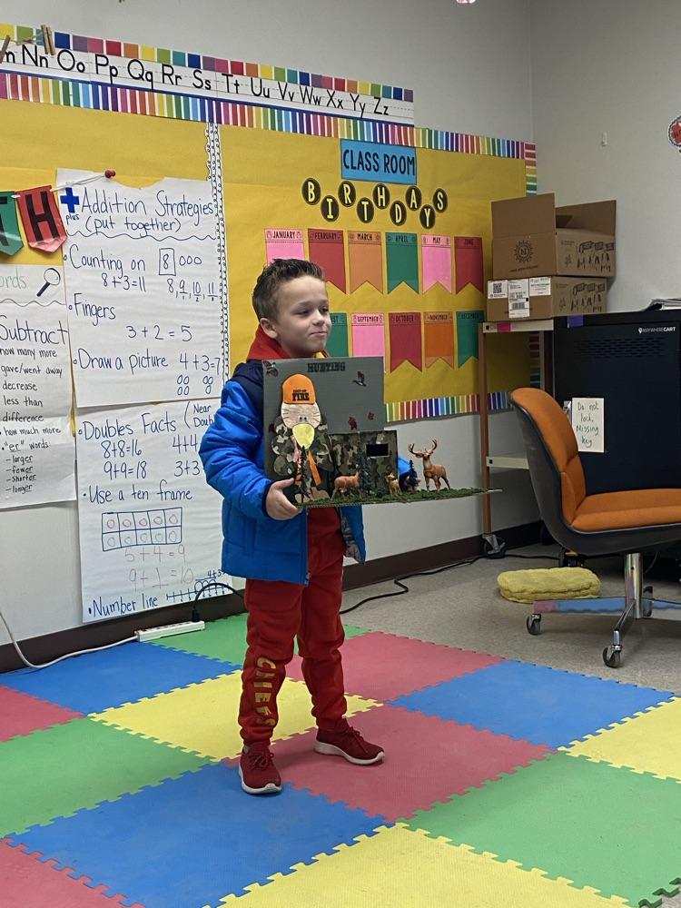 First grade read the book Turkey Trouble and had a home project to disguise their turkey. Today they presented their turkey and explained why they chose that disguise.