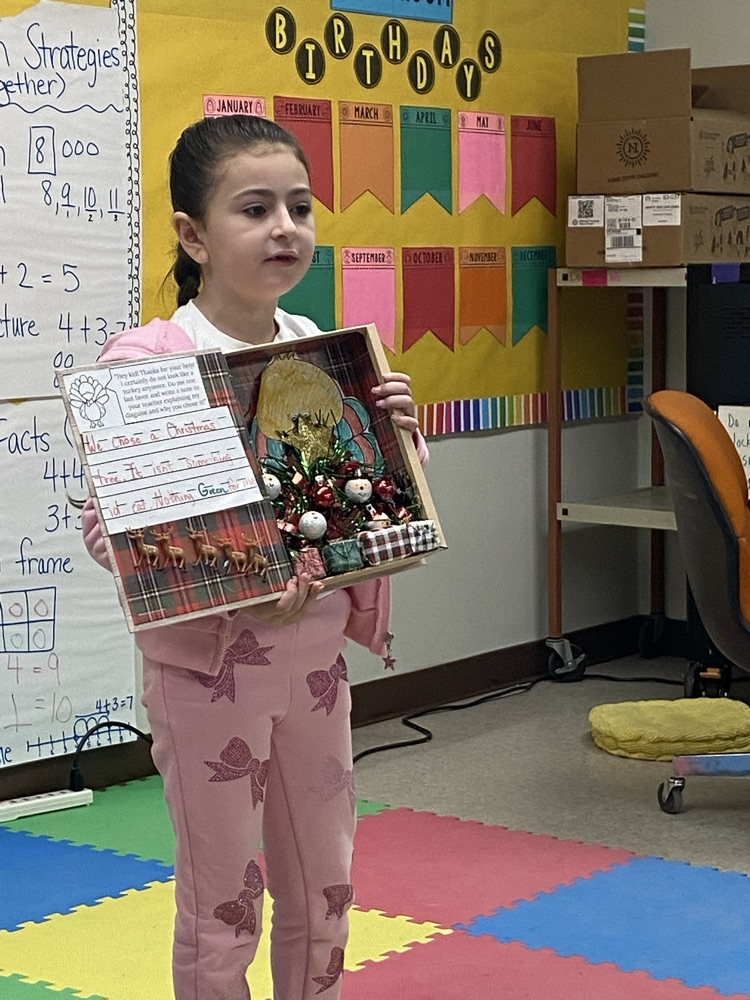 First grade read the book Turkey Trouble and had a home project to disguise their turkey. Today they presented their turkey and explained why they chose that disguise.