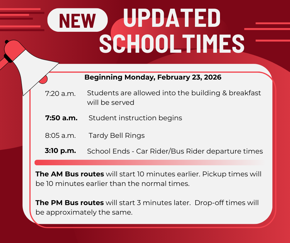 new updated school times 7:50 student unstruction begins 3:10 school ends
