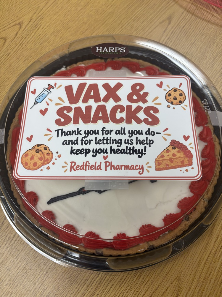 vax and snacks cake from Redfield pharmacy