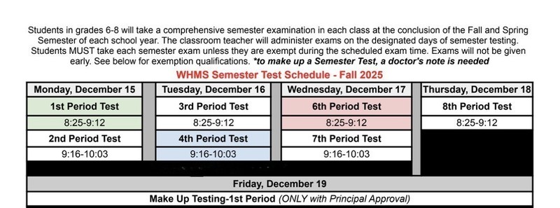 Semester Test Schedule