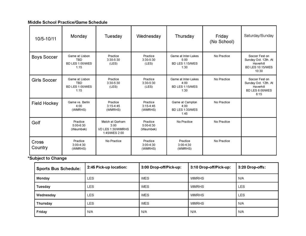 middle school sports Oct 6-11