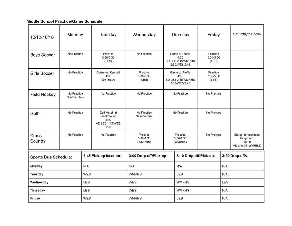 MIDDLE SCHOOL SPORTS SCHEDULE | Oct 12 - 18
