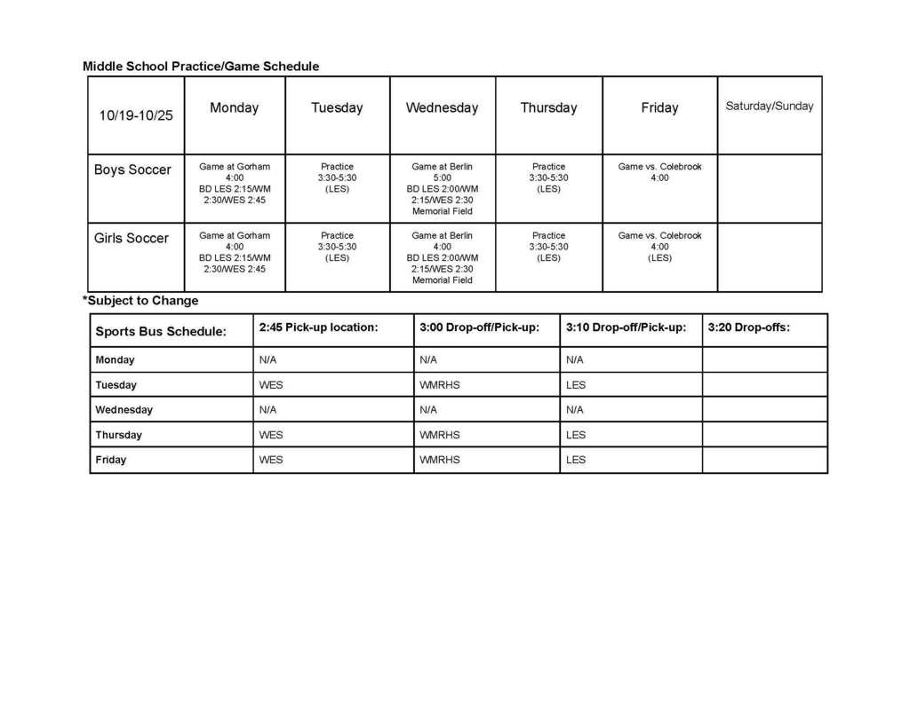MIDDLE SCHOOL SPORT SCHEDULE  |  Oct 19 - 25