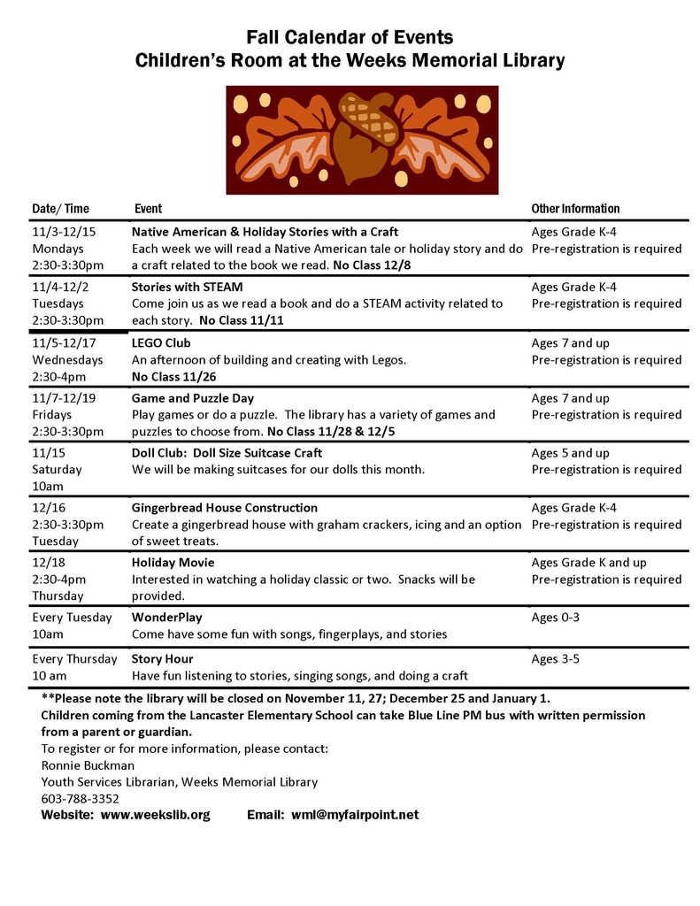 Weeks Memorial Library November Calendar