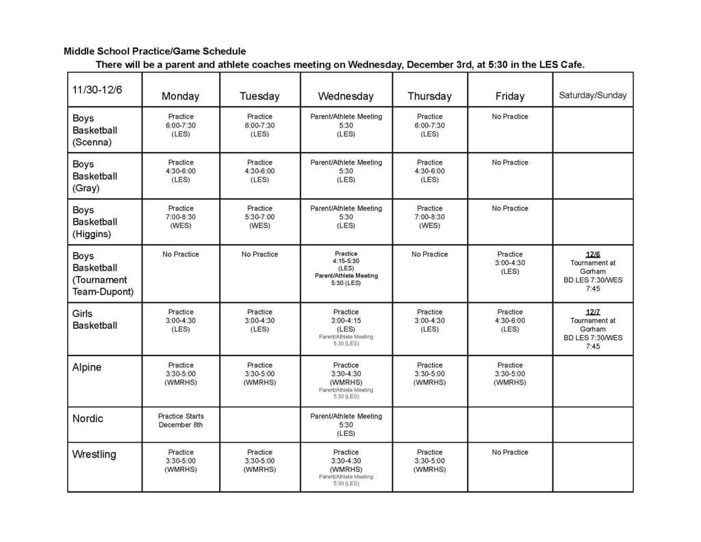 middle school sports schedule 2