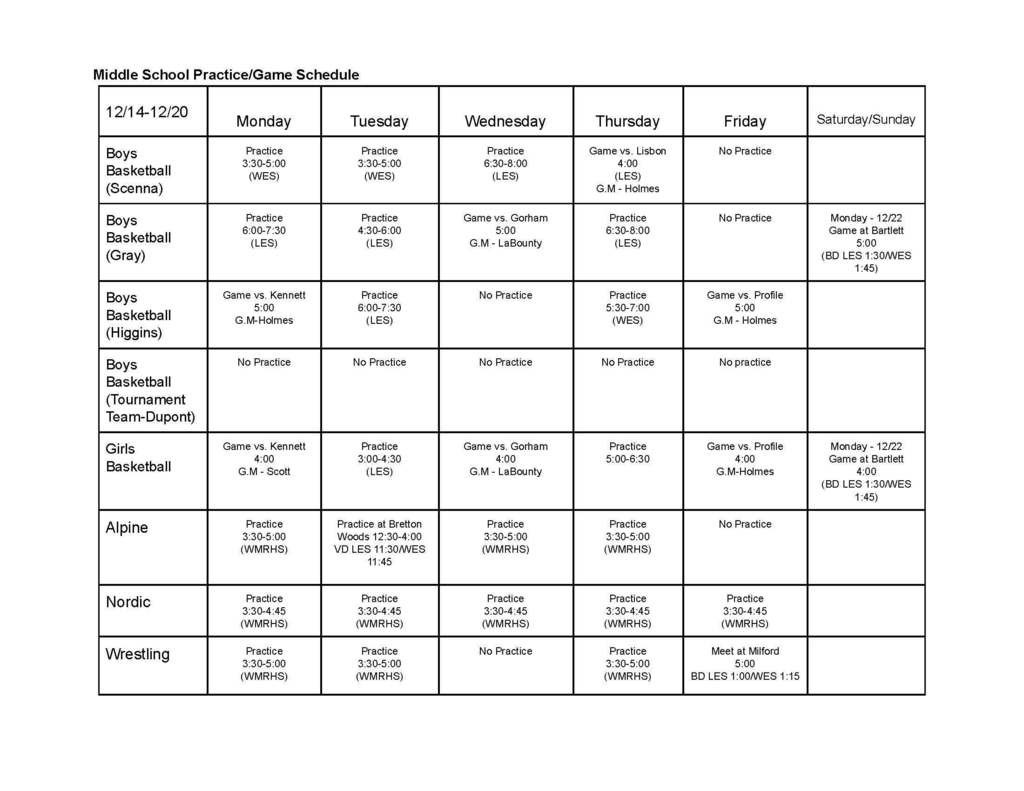 Middle School sports schedule 2