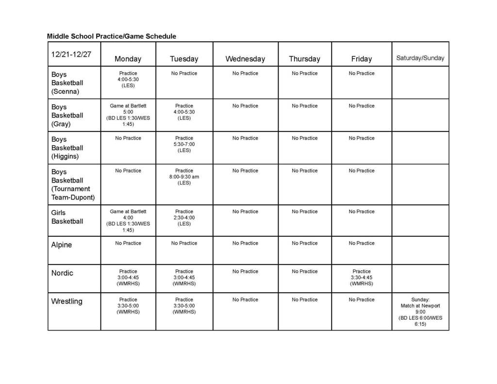 Middle School Sports Dec 21 - 27