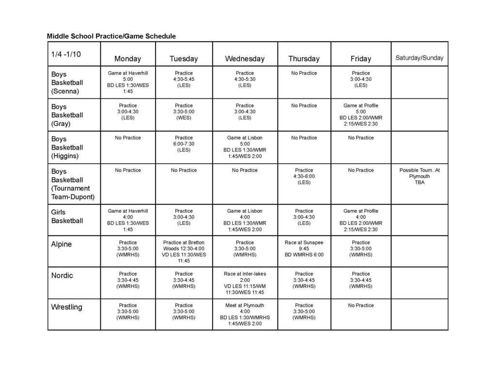 middle school sports Jan 4-10 B