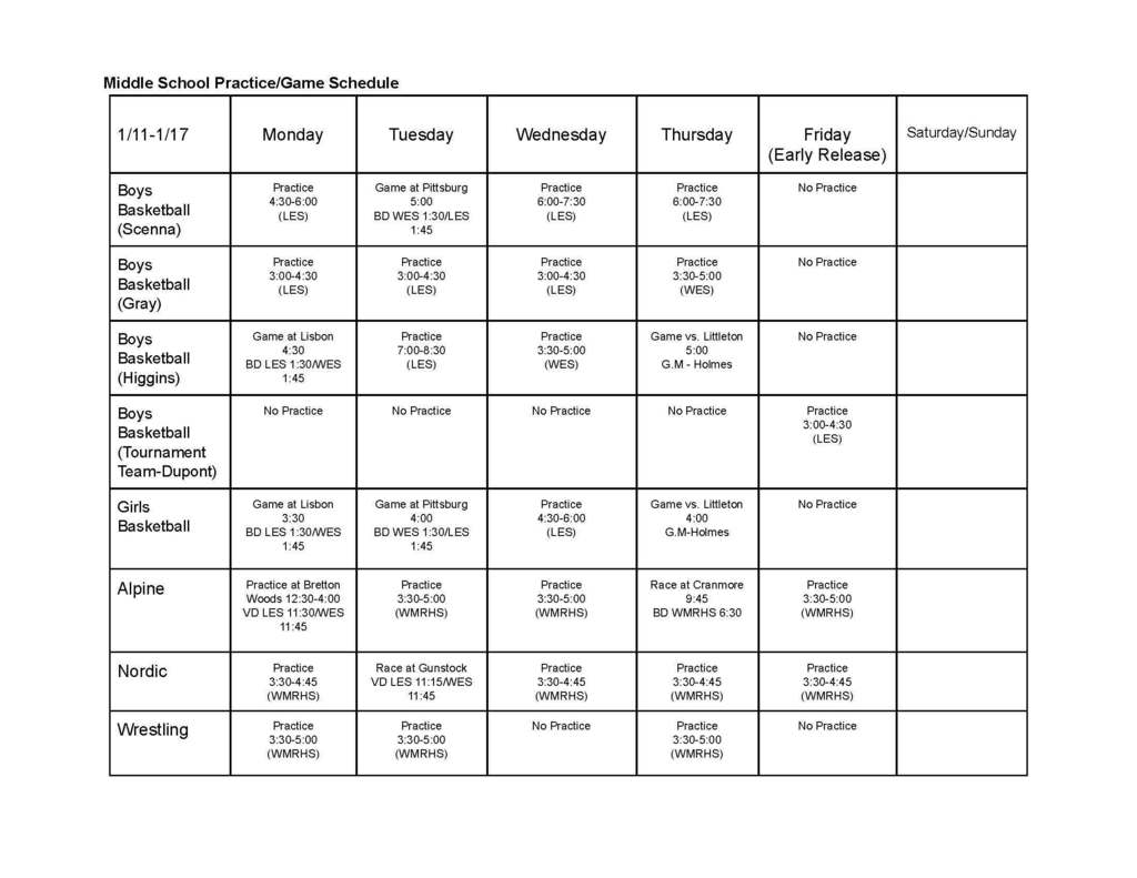 Middle School Sport Schedule 