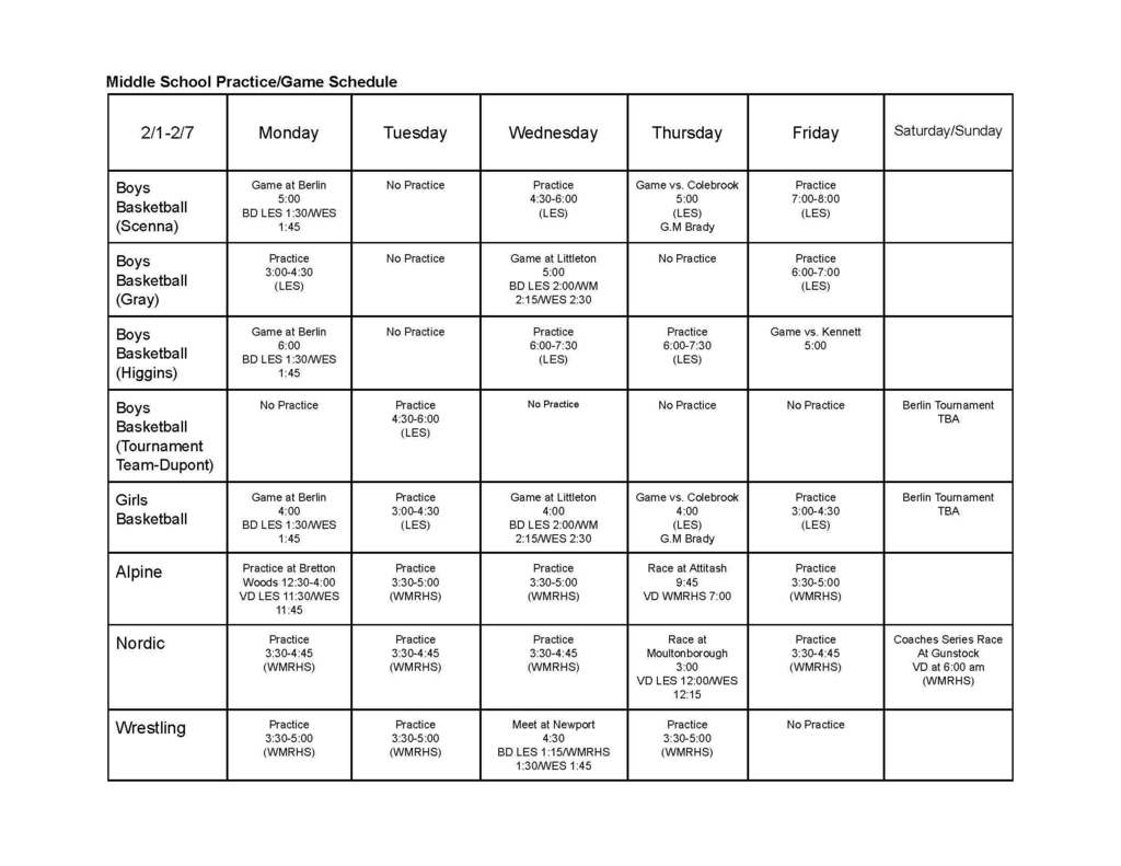 # Middle School Sports Schedule Feb 1-7