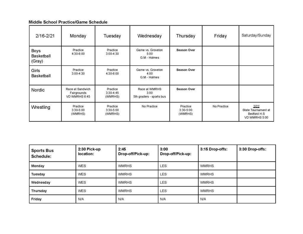 Middle School Sports Schedule  |  Feb 16 - 21