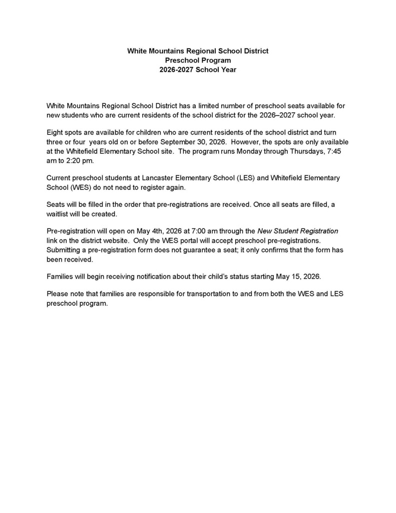 Preschool Registration for School Year 2026-2027 begins May 4th