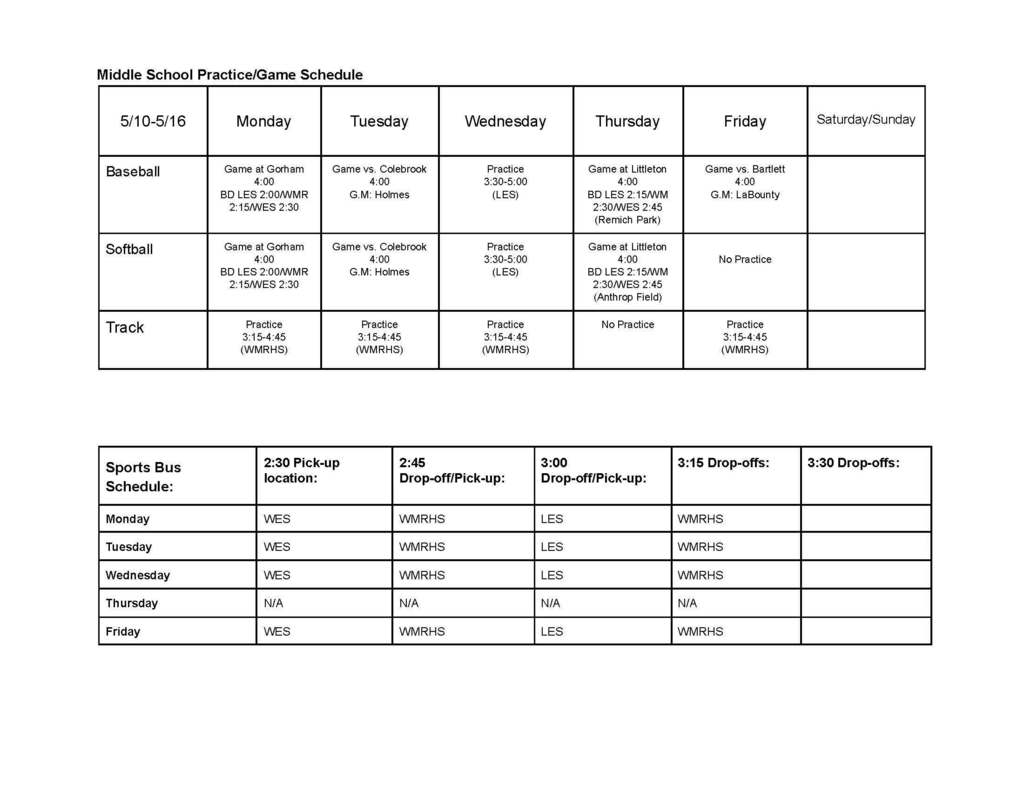 MIDDLE SCHOOL SPORTS SCHEDULE | May 10 - 16