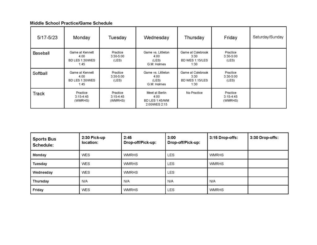 Middle School Sports Schedule May 17-23
