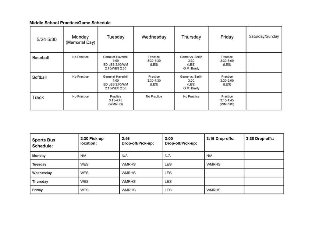 Middle School Sports May 24 - 30