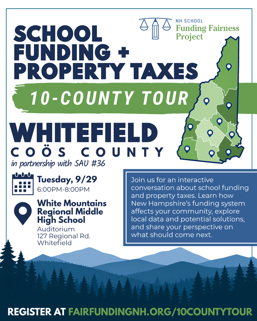 Please join us at WMRMHS on Tuesday, September 29, 2026 from 6-8 pm for a School Funding & Property Tax discussion sponsored by FAIRFUNDING.org.  Please register at FAIRFUNDINGNH.ORG/10COUNTYTOUR
