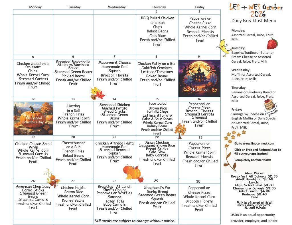 October Lunch Menu