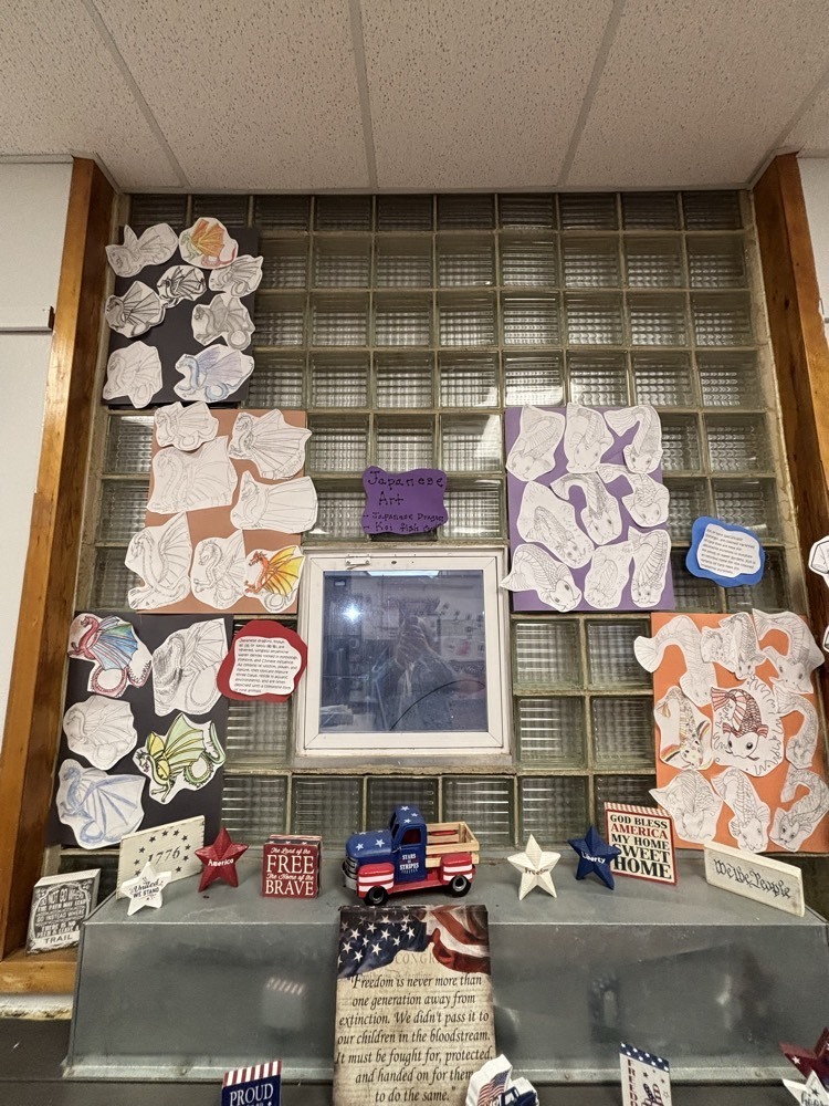 Japanese art on display. All free hand draw while studying Japan. 6th grade