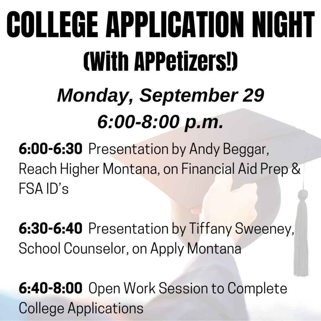 College Application Night announcement with a hand holding a mortarboard in the background