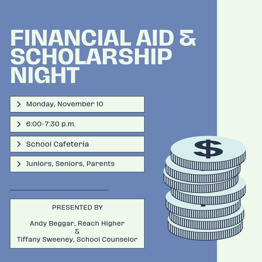 Financial Aid & Scholarship Night Details, with stack of coins
