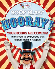 Circular graphic features a cartoon figure holding a sign with "Book Blast Hooray! Your Books Are Coming!" and a colorful striped background.