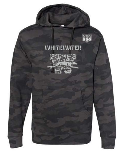 black/green camoflauge hoodie with USA 250 the word Whitewater and a letter W with the whippet dog through the middle