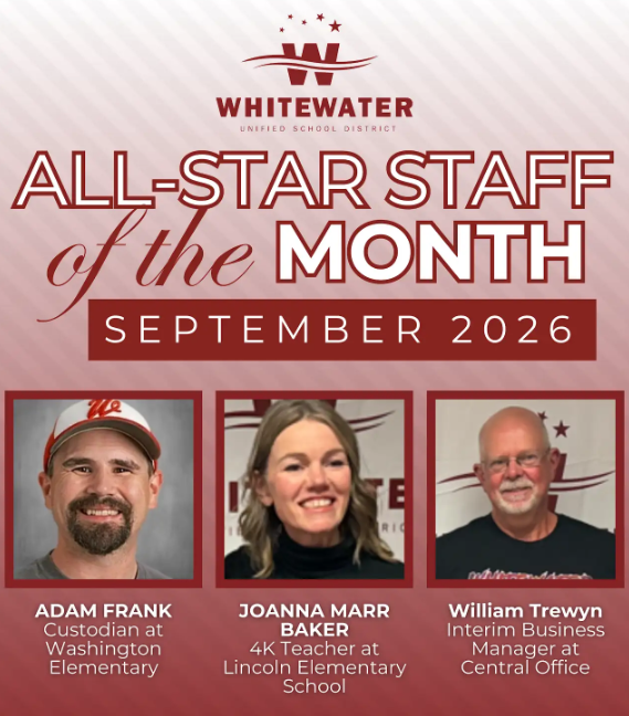 red image that says All-Star Staff of the Month September 2026 Adam Frank with his picture Custodian at Washington Elementary, Joanna Marr Baker with her picture 4K Teacher at Lincoln Elementary School, and William Trewy with his picture Interim Business Manager at Central Office