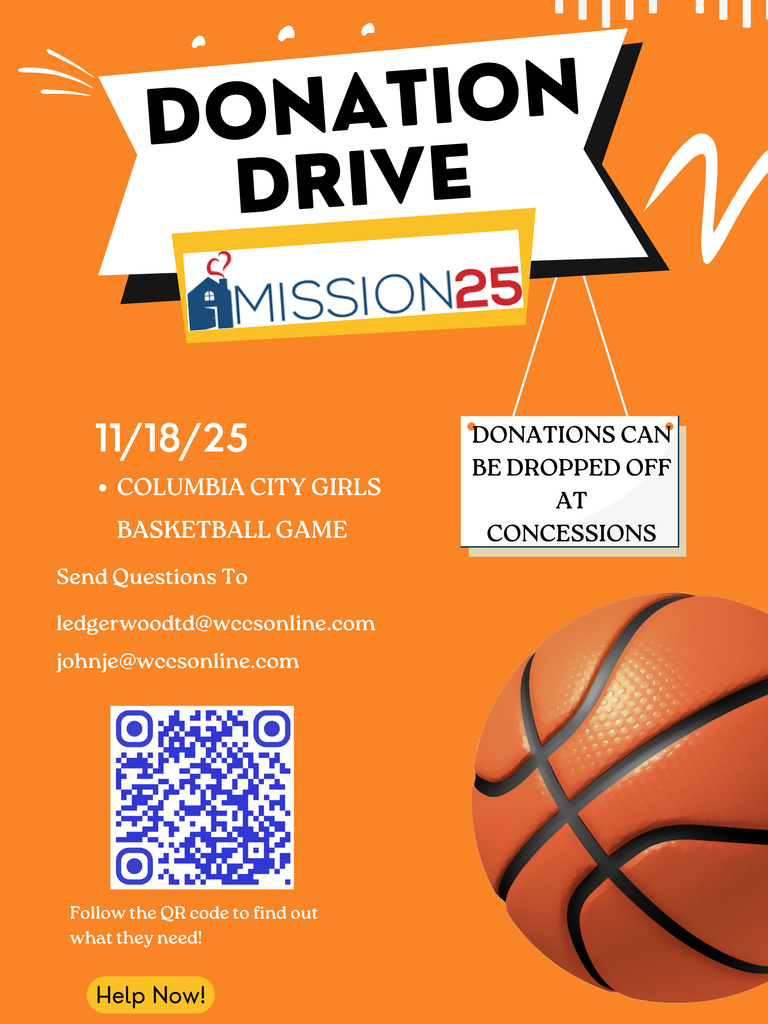 Donation Drive Poster for Mission 25 on 11/18/25 at the Columbia City Girl's Basketball Game