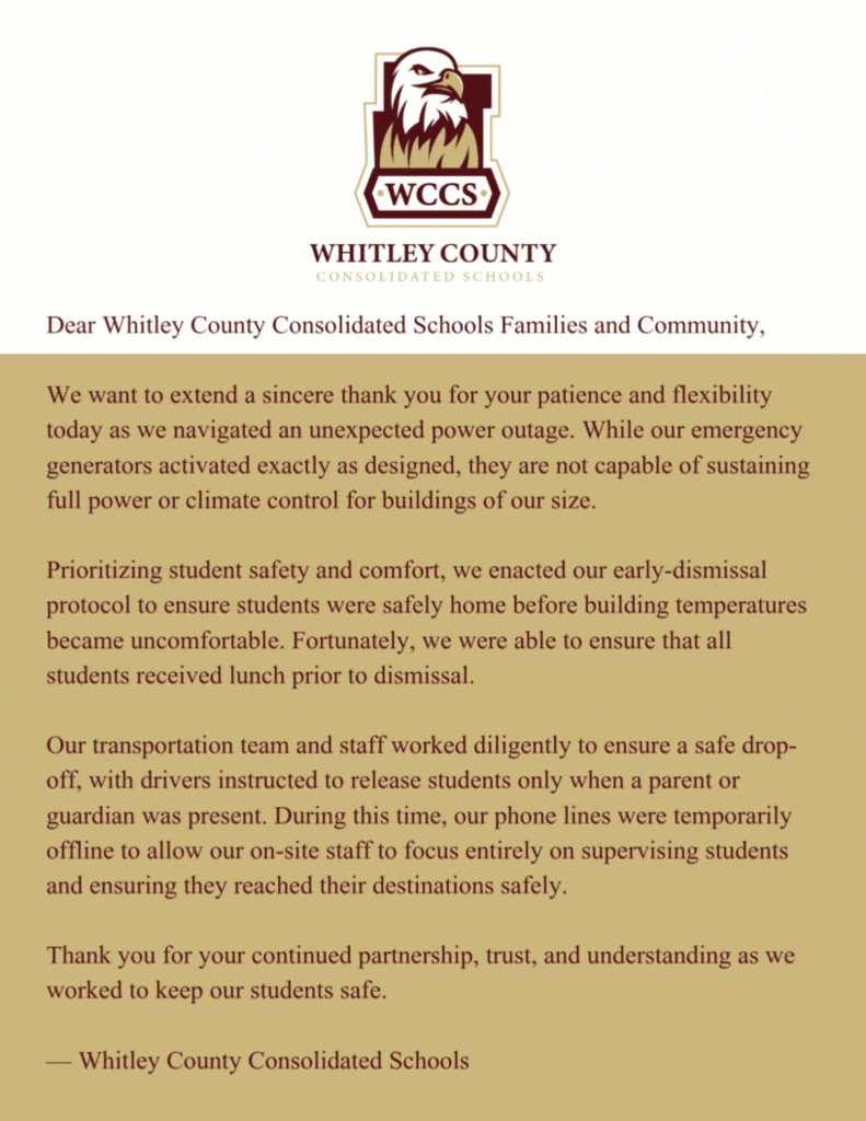 Early Dismissal - Power Outage