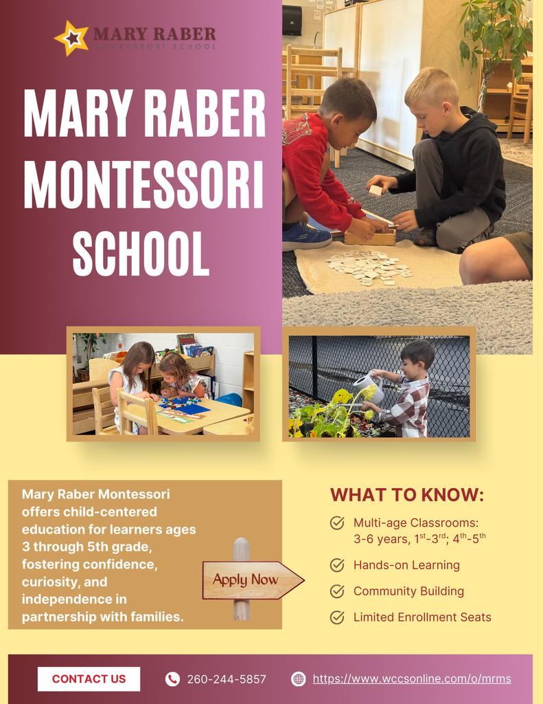 Mary Raber Montessori Enrollment for 2026-2027 school year