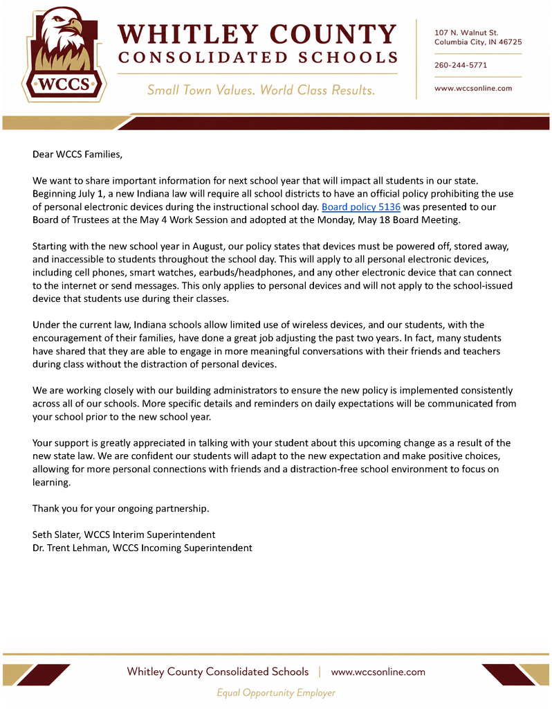 WCCS Cell Phone Policy 5136