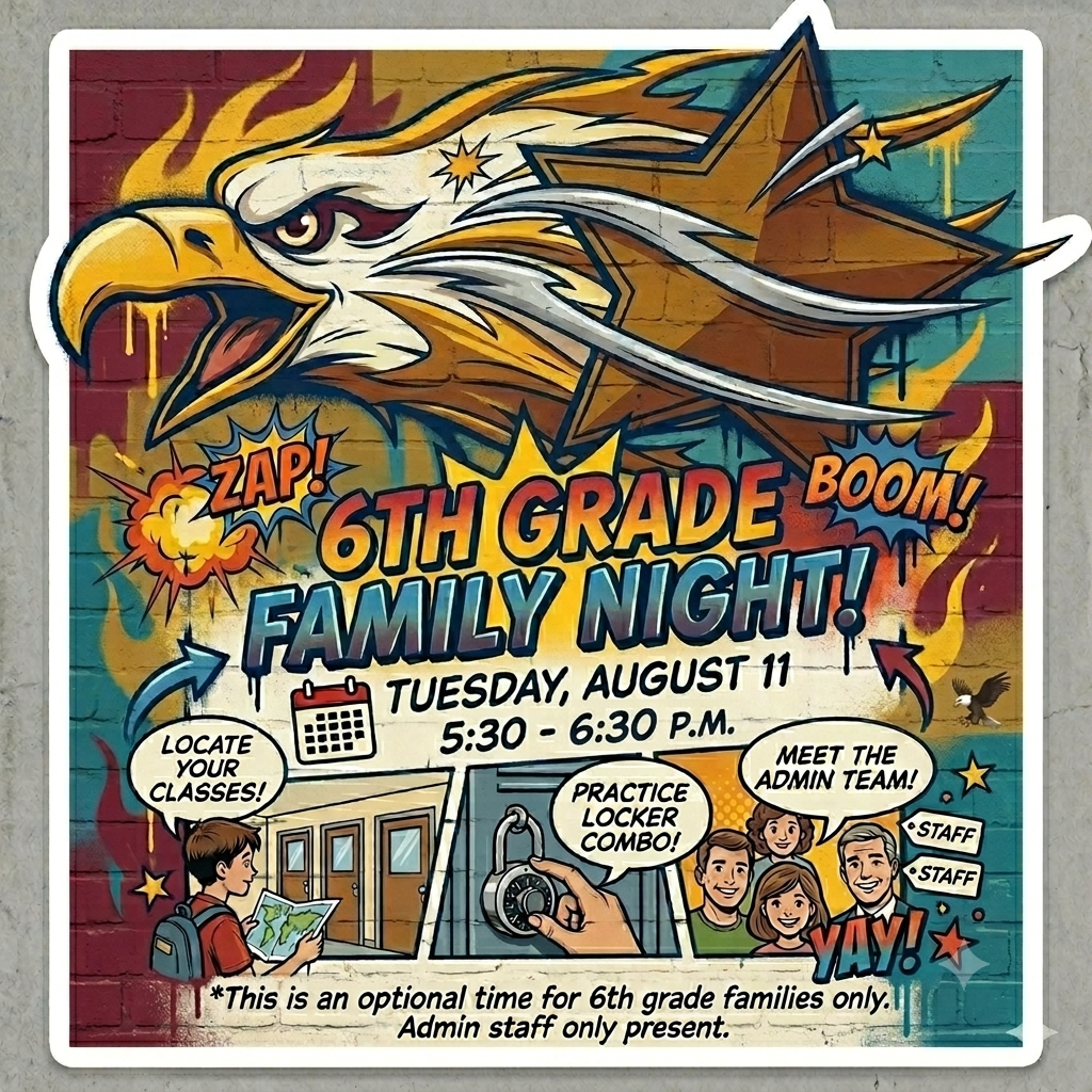 6th Grade Family Night; Tuesday, August 11 from 5:30-6:30 pm.