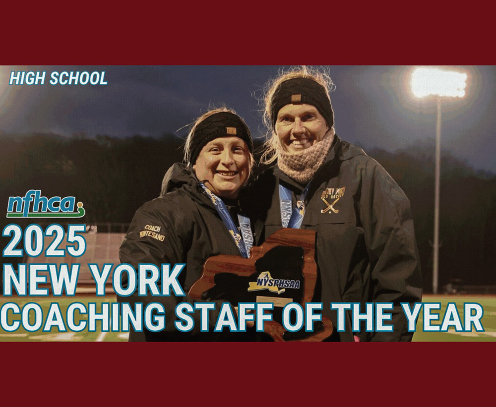 Whitney Point High School Field Hockey coaches on field with text over the photo that reads N F H C A  2025 New York Coaching Staff of the Year
