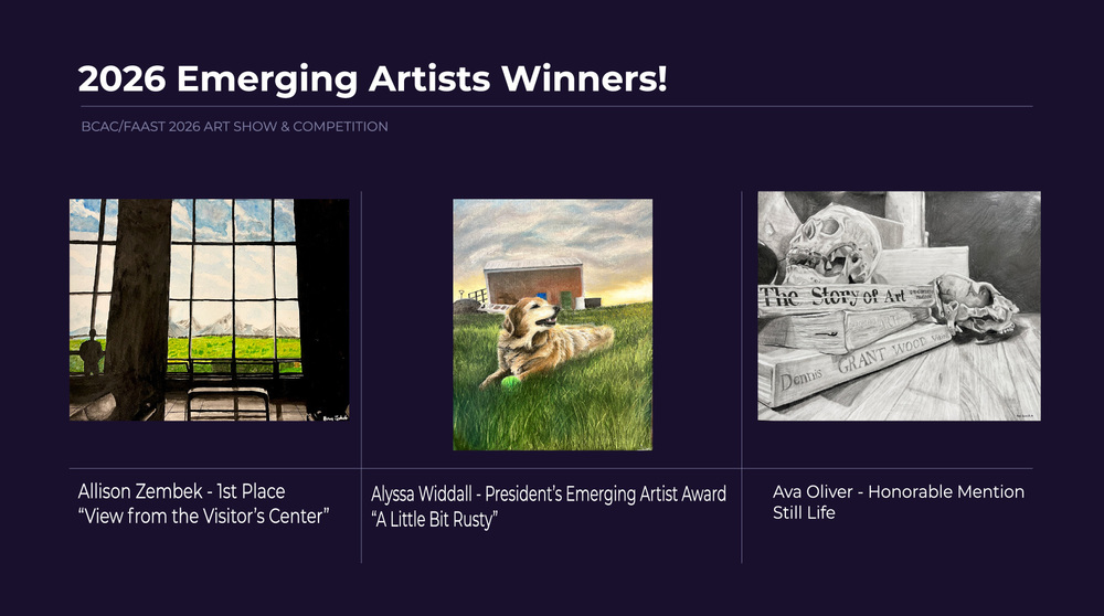 2026 Emerging Artists Winners Allison Zembek first place. Alyssa Widdall, President's Emerging Artist Award. Ava Oliver, Honorable Mention.