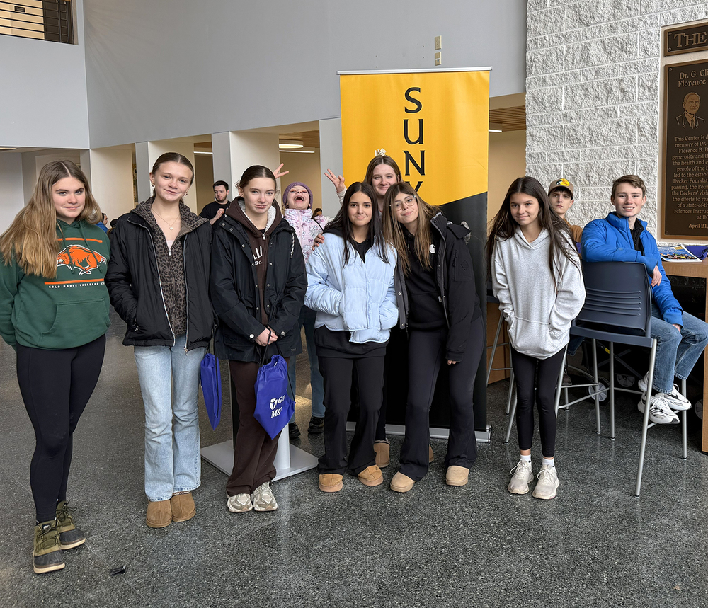 Group of Whitney Point T R A eighth graders in the lobby of the Decker Science Center on the SUNY Broome campus during this year's SPARK event on January 21, 2025.