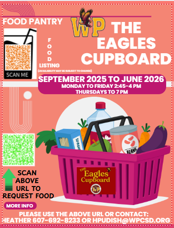 Whitney Point Eagles Cupboard food pantry is open 2:45 to 4 p.m. Monday through Friday and 2:45 to 7 p.m. on Thursdays from September 2025 to June 2026.