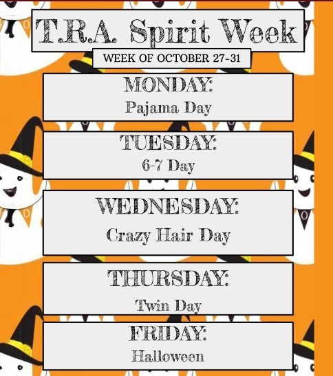 Spirit Week at Tioughnioga Riverside Academy is October 27 - 31, 2025. Monday is Pajama Day, Tuesday is Six-Seven Day, Wednesday is Crazy Hair Day, Thursday is Twin Day, and Friday is Halloween.